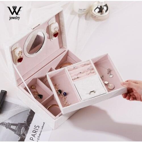 WE New Leather Jewelry Box with Mirror Portable Necklace Earrings Rings Holder Jewelry Organizer Packaging Storage Case Display