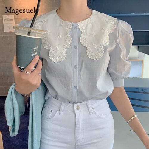 Summer Womens Blouse Korean New 2021 Short Sleeve Chic Doll Collar Patchwork Tops Fashion Sweet Blue Buttons Loose Shirt 13846