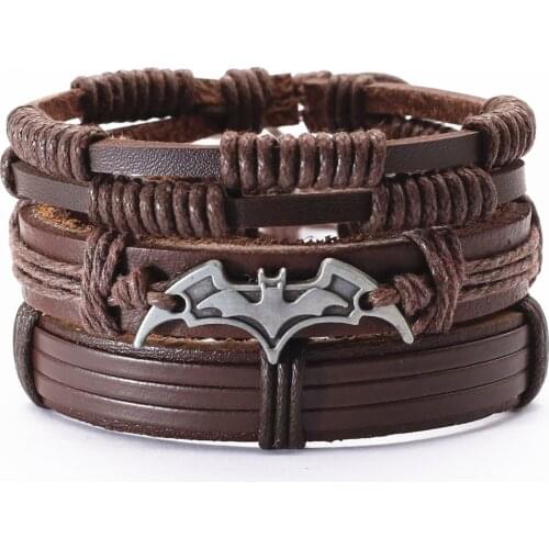 New 3 Pcs/set Brown Black Genuine Leather Bracelets Guitar Cross Bat Charm Men Bangles Women Homme Casual Gift Jewelry