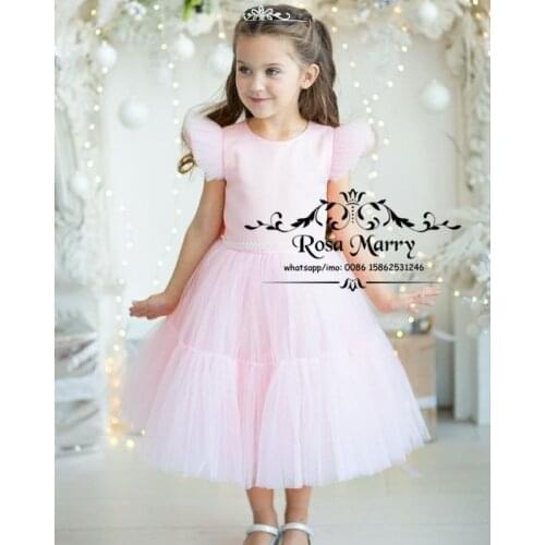 Lovely Pink Flower Girls Dresses for Weddings 2021 A Line Tea Length Cheap First Communion Birthday Party Gowns For Toddlers