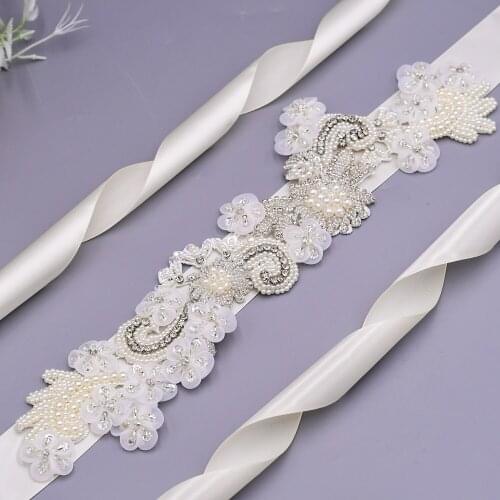 ZMS331 Maternity Belt with Rhinestones organza Flower Pearl Belts for Dresses Wedding Thin Black Belt Formal Belt for Women