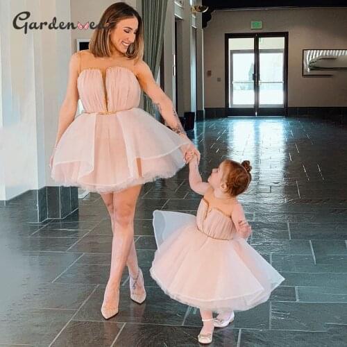 Simple Mini Girl Birthday Dress Sleeveless Illusion Girl Party Dress Glitter Belt Flower Girl Dress Mother & Daughter Dress