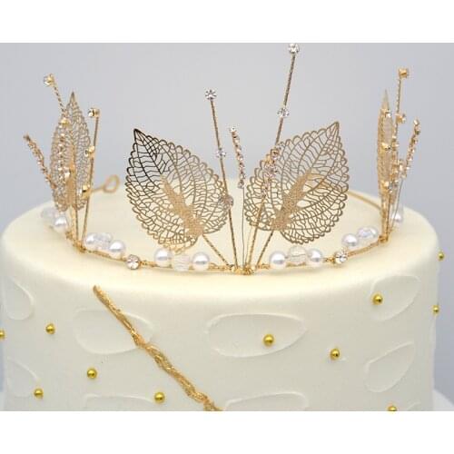 Rhinestone Crystal Pearl Leaves Diadem Queen Crown Princess Tiaras Wedding Jewelry Wedding Crown Bridal Cake topper