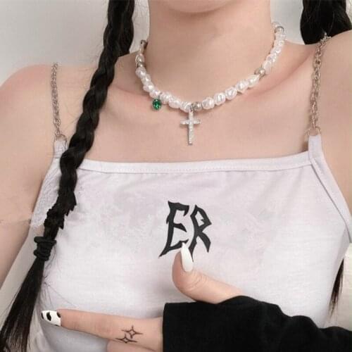 Rhinestone Cross Charm Pendants Fashion Necklace Simulated Irregular Pearls Crystals Simply Necklace for Women Jewelry