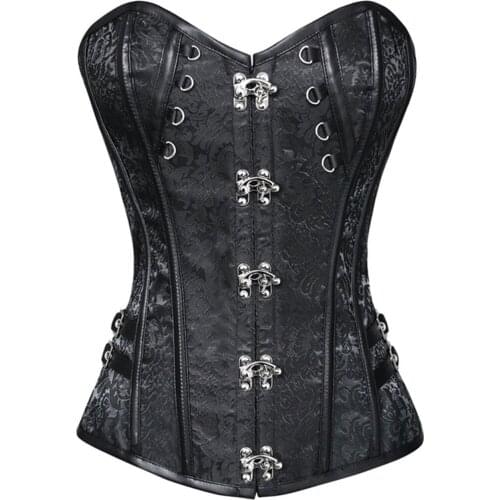 Steampunk Waist Trainer Brocade Jacquard Faux Leather Studded Overbust Black Brown Corset Buckle Bustier Plus Size S-6XL