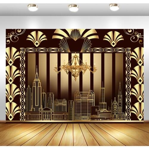 Great Gatsby Birthday Backdrop Retro Flapper Golden Building Birthday Party Photography Background Activity Celebration Banner