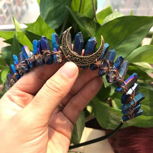 Vintage Crescent Moon Witch Tiara Raw Crystal Point Crown,Healing Reiki Quartz Party Bridal Women Hairband Metal Jewelry QC5007