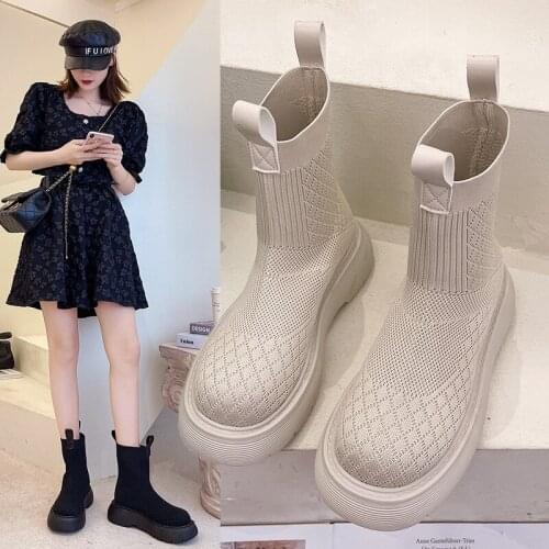 British style boots womens 2021 autumn new net red tide with knitted elastic short boots muffin thick soled socks and boots