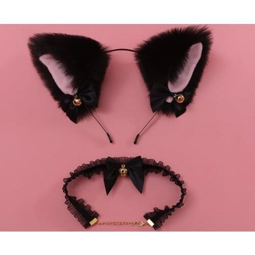 Women Lady Black White Anime Hand-made Lolita Accessories Bell Cat Ears Hair Band Lace Bow Neck Wear Bell Collar Set Fancy Dress