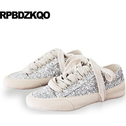 Lace up silver china women 2018 glitter round toe trainers sneakers high quality flats autumn spring bling sequins single shoes
