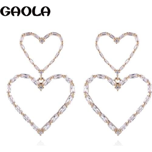 GAOLA Top Quality White Gold Color Geometric Cubic Zirconia Double Heart Dangle Earrings for Woman GLE7674Y