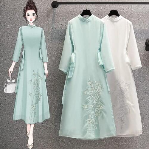 2021 Summer Autumn New Retro Improved Cheongsam Hanfu Dress Chinese Chiffon Embroidery Dress Elegant Female Vestidos M141