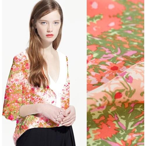 114CM Wide 20MM Print Orange Stretch Heavy Silk Crepe De Chine Fabric for Summer and Autumn Dress Shirt E350