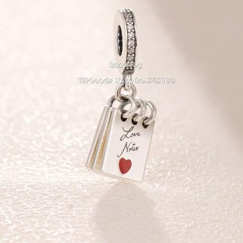 2019 NEW 925 Sterling Silver Love Notes Red Enamel With Clear CZ Dangle Charms Fit Original Women Pandor Bracelet DIY Jewelry