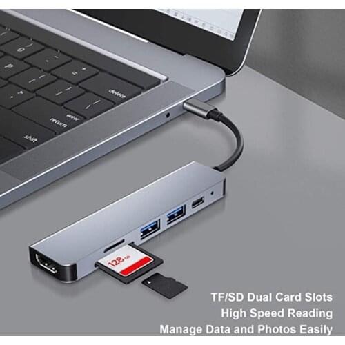 6 in 1 Type C Hub 3.0 to HDMI-compatible Adapter 4K Video USB3.0 SD/TF MicroSD Card Intelligent Docking Station Hub Fast