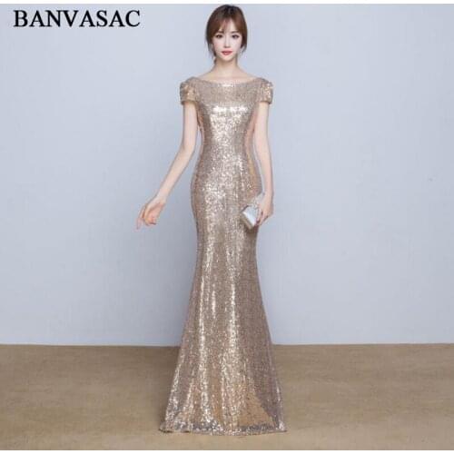 BANVASAC Elegant O Neck Sequined Mermaid Long Evening Dresses Party 2018 Short Cap Sleeve Backless Prom Gowns