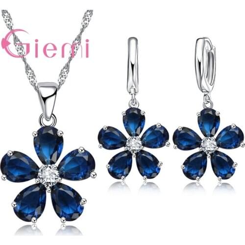 Pure 925 Sterling Silver Bijoux Cute Blossom Flowers Shape Pendant Necklace & Earrings Jewelry Set Christmas Birthday Gift