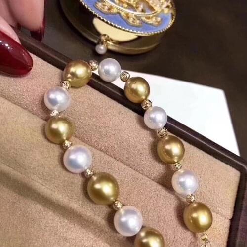 D418 Pearl Bracelet Fine Jewelry Natural Almost Round 7-8mm 9-10mm Fresh Water and Golden Pearls Bracelets for Women