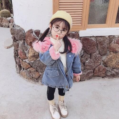Child baby girl deinm jacket with fur wool hood fake coat thick warm jeans outward long sleeve jacket especially winter