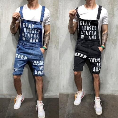 Summer Denim Jumpsuit men Hip hop High street Cool Streetwear Slim letter Printed Denim Overalls men Knee Length Jumpsuit man