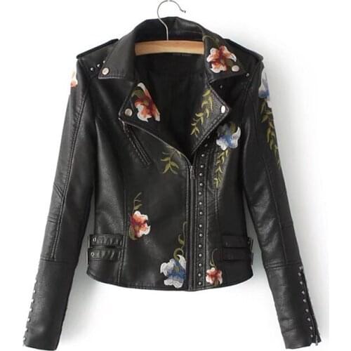 Embroidery faux leather PU Jacket Women Spring Autumn Fashion Motorcycle Jacket Black faux leather coats Outerwear COAT HOT