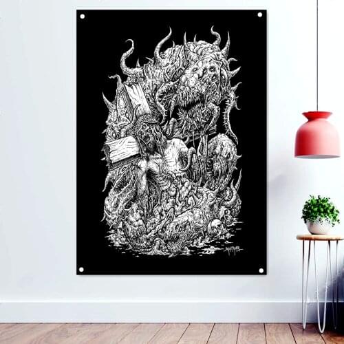 Death Metal Icon Hang Flag Jesus on the Devils Cross Skull Art Poster Black/White Skeleton Banners Wall Sticker Home Decoration
