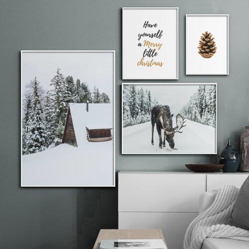 Deer in Snow Winter Tree Poster Nordic Wall Art Canvas Painting Wall Pictures for Living Room Home Decoration Christmas Gifts