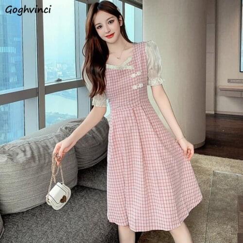 Dresses Women Plaid Ruffles Puff Short Sleeves Pleated High Waist Slim Chinese Style Sweet Elegant Streetwear Simple Girl Trendy