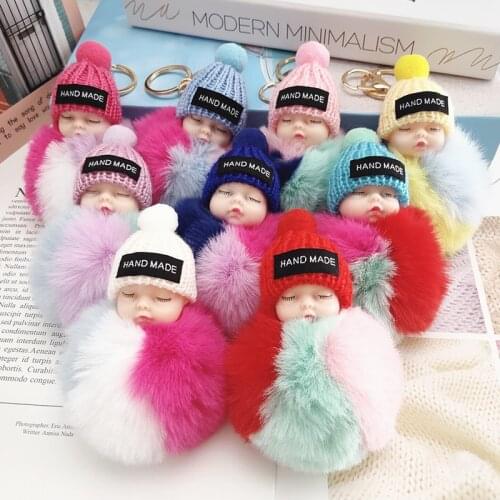 Plush doll doll car keychain pendant cute sleeping baby color matching hair ball pendant hot jewelry