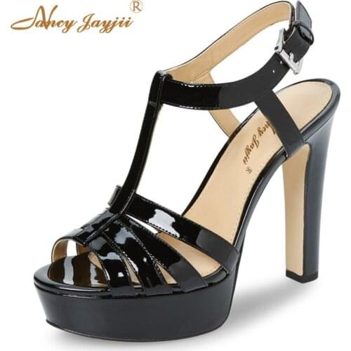 Luxury Autumn Black Tribute Patent Leather Platform Sandals Ankle T-Strap Shoes Women High Thick Heel Casual Shoes Nancyjayjii