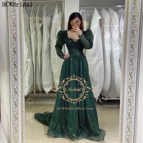 Luxury Dark Green Formal Arabic Evening Dress 2021 High-End Beads Tulle A Line Women Occasion Party Gowns Plus Size