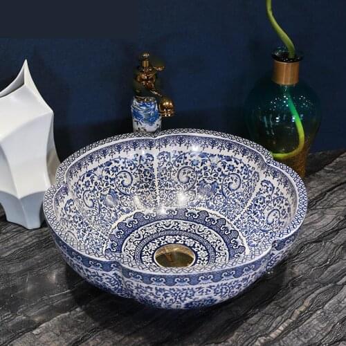 Blue And White Jingdezhen Ceramic Washbasin Chinese bathroom wash Basin sinks flower shape