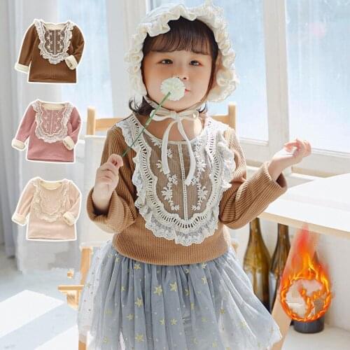 2 3 4 5 6 Y Baby Girls Thicken Tshirt Winter New Korean Kids Bottoming Shirt Solid Lovely Lace Plus Velvet Warm Tshirt for Girl
