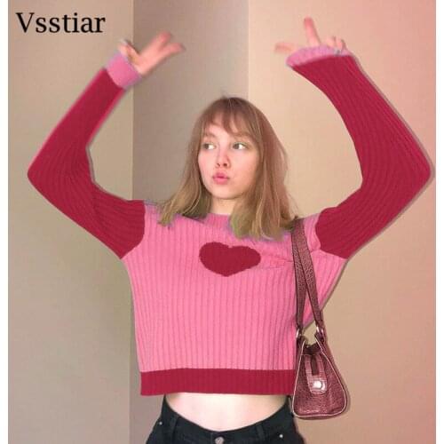Vsstiar Crew Neck Sweater Pullover Heart-shaped Knit Women Cropped Casual Long Sleeve Y2K Fashion Streetwear Autumn/Winter Tops