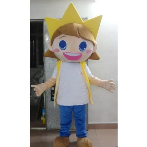 Yellow Lad Boy Mascot Costume With Orange Hairs Short Black Brows Big Mouth Small Eyes Ears Adult Size