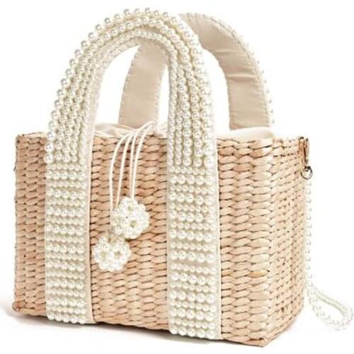 New Womens Bag with Pearl Ladies Tote Crossbody Handbags Handmade Straw Basket Messenger Bag for Vacation Banquet Life