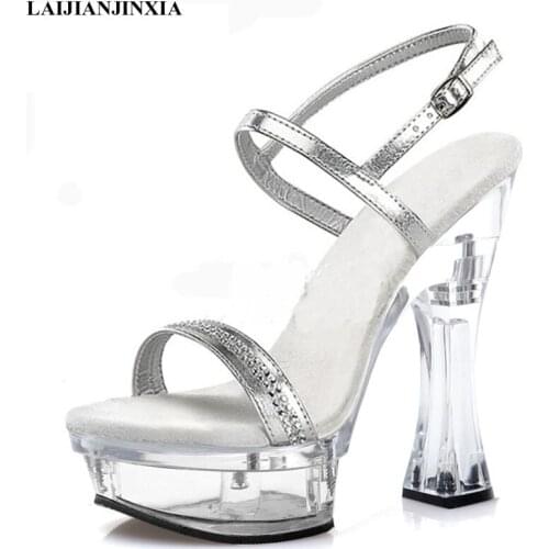 14 cm Super High Stripper Heeled Shoes Party Models Narrow Band Rhinestone Buckle Strap Crystal Womens Platform Sandals Fashion