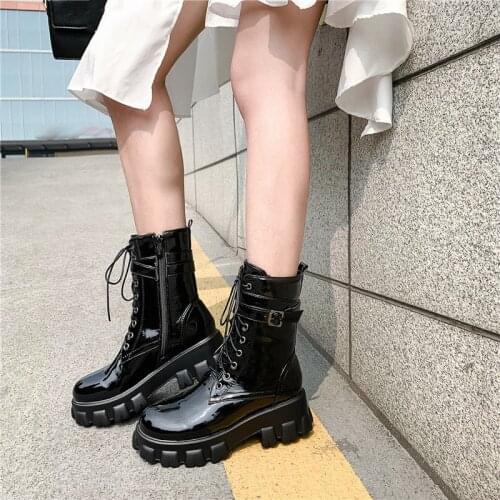 YMECHIC 2019 Black Platform Combat Ankle Boots for Women Lace Up Buckle Strap Woman Shoes Side Zip Winter Biker Boots Big Size