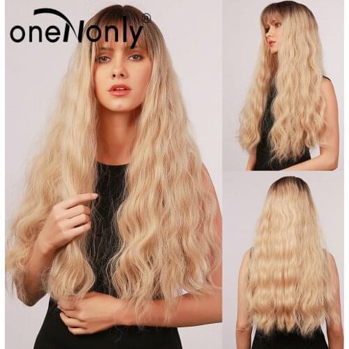 OneNonly Long Ombre Brown Blonde Synthetic Wigs Loose Wave with Bangs for Women Cosplay Daily Natural Hair Wig Heat Resistant