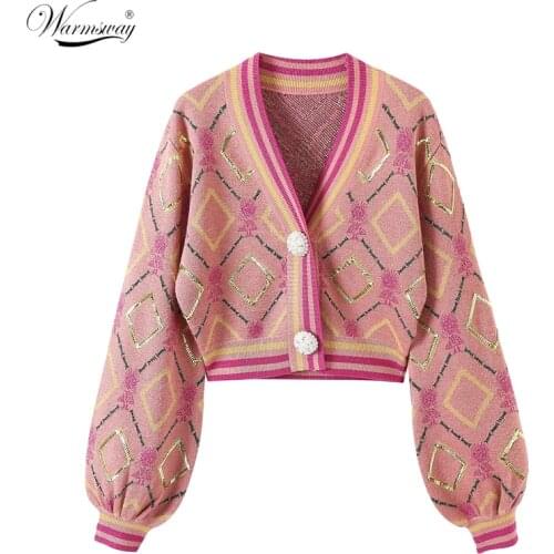 Fashion Spring Fall Knit Cropped Cardigan Lantern Sleeve Casual V-Neck Slim Argyle Women Sweater Outwear High Quality C-180