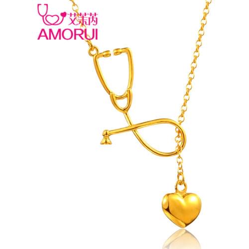 AMORUI Stethoscope Women Heart Pendant Necklace Women Trendy Medical Necklace Rose Gold Silver Color Woman Fashion Chain Jewelry