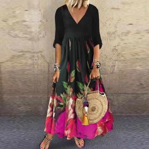Fashion Causal Loose A-Line Summer Beach Dress For Women Vintage Elegant Print Lady Office Dress Summer Sexy V-Neck Dress