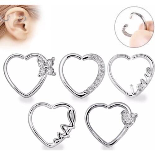 1PC Copper Heart Shaped Clip On Nose Rings Inlaid Zircon Cartilage Earring Tragus Piercing Jewelry Earrings 2021 Trend