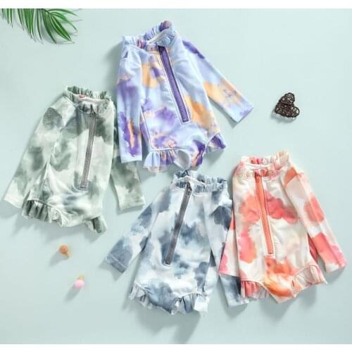 ChildrenTie-dye Swimsuit Girls Long Sleeve O-neck Zip-up Ruffles Swimwear Beachwear Summer Girls Clothing
