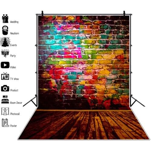Laeacco Colorful Brick Wall Wooden Floor Photography Backdrops Graffiti Grunge Vintage Portrait Photo Backgrounds Photophone