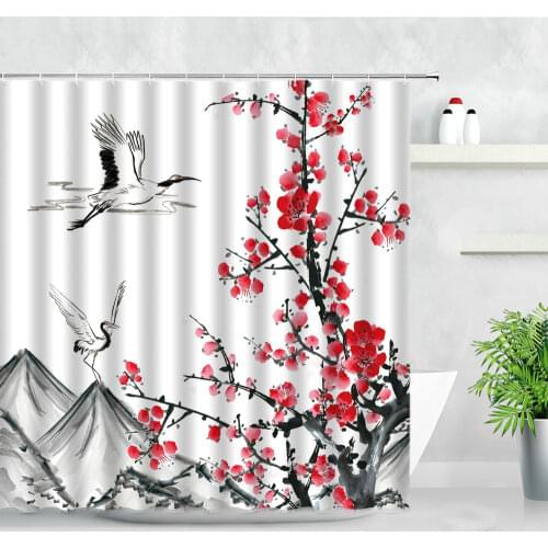 Landscape Shower Curtains Pink Plum Blossom Mountain Water Chinese Style Scenery Ink Painting Modern Decor Bathroom Curtain Sets