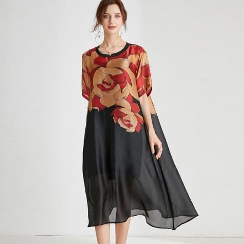 Summer new fashion printing Elegant dress show thin round neck Printed satin chiffon dress short sleeve A-line dresses big size
