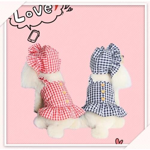 Summer puppy clothes puppies small dogs Teddy Yorkshire Xishi blue and white red and white plaid suspender skirt with hat