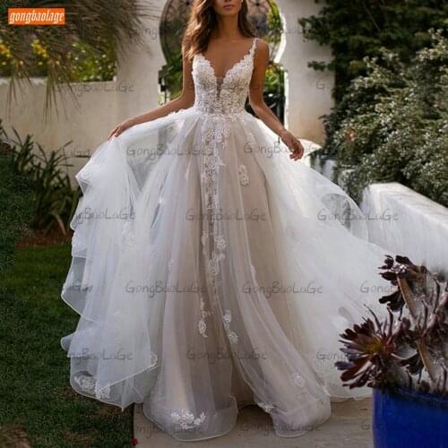 Fashion Backless Wedding Dresses 2021 V Neck Vestido De Novia White Lace Appliqued Hochzeitskleid Spaghetti Straps Bridal Gowns
