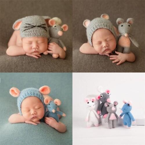 2PCS Set Fotografia Accessories Studio Shoots Photo Props Cute Mouse Set Hat Bonnet Doll Newborn Baby Photography Shooting Props